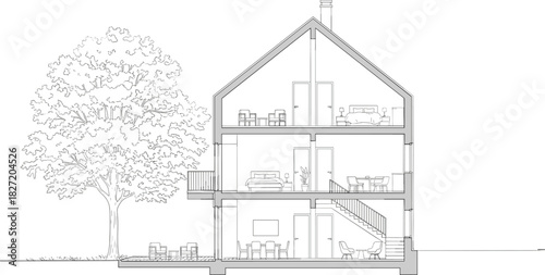 Detailed architectural house section drawing with interior rooms, furniture layout, structural elements, and surrounding landscape illustrated in clean technical vector style for design projects