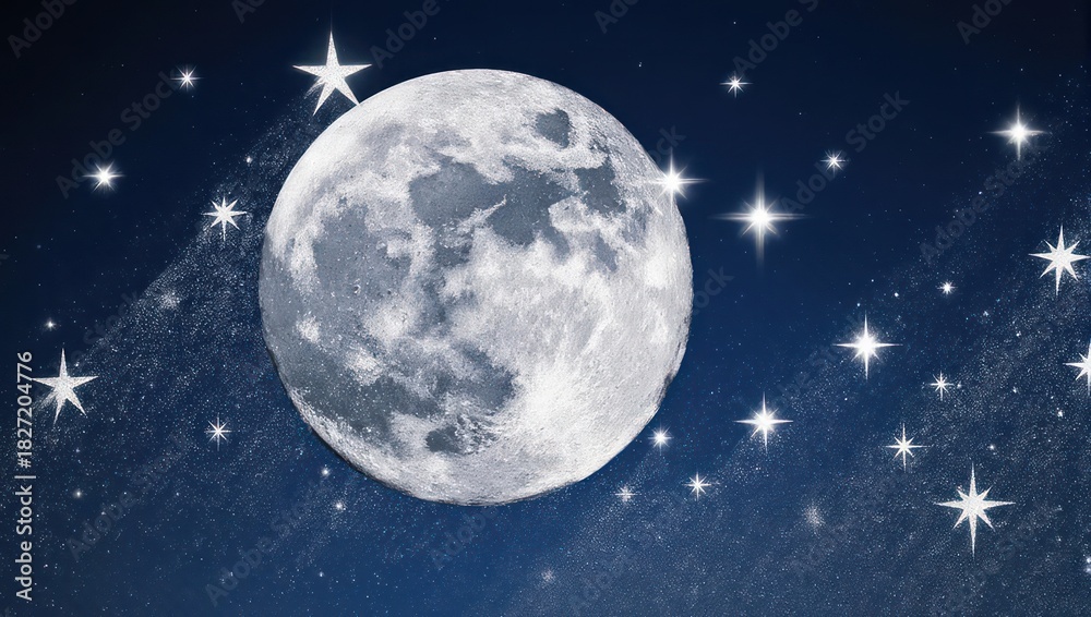 Fototapeta premium Full moon illustration in a dark blue night sky, surrounded by twinkling stars