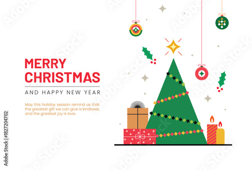 Flat Christmas greeting card design featuring a geometric tree, ornaments, candles, and gift boxes with modern typography. Perfect for holiday cards, posters, banners, and festive invitations.