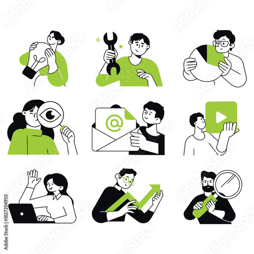 Collection of modern flat design icons representing various business and technology concepts like teamwork, communication, and analysis