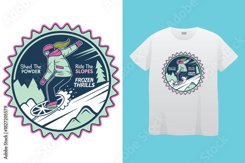 Short sleeved cotton sports t shirt decorated winter snowflakes. Six pointed fluffy snowflakes symbol of winter weather. Comfortable summer clothes. Vector ornament for design of textile and fabric