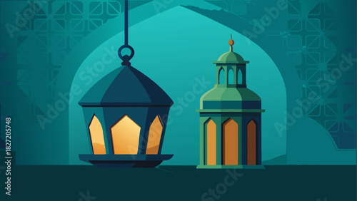 Two lanterns illuminated against a teal backdrop