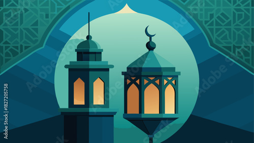 Two lanterns with islamic arch and crescent moon