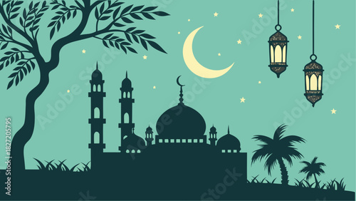 Silhouette of mosque with moon and lanterns at night