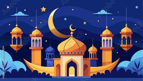 Illustration of a mosque with moon and stars night