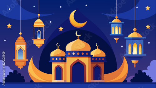 Illustration of a mosque with lanterns and moon