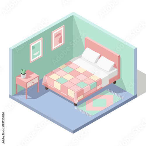 Cozy bedroom with a pink bed and colorful quilt, inviting and comfortable.