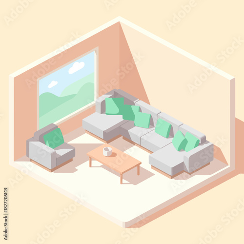 Isometric Living Room Interior with Sofa, Armchair, and Coffee Table.