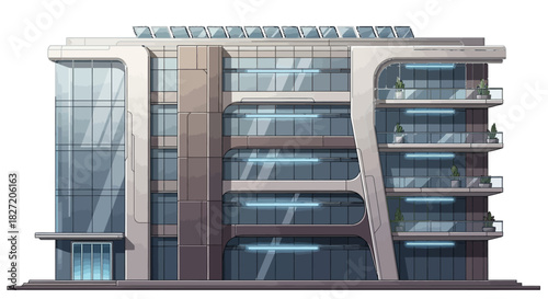 Modern multi-story office building featuring a sleek, futuristic design with a glass facade and curved elements, isolated on a white background.