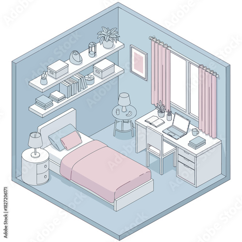 Cozy Bedroom Interior with Bed Desk and Shelves Isometric View.