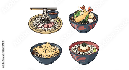 A collection of four hand-drawn illustrations of popular Japanese soba noodle dishes.