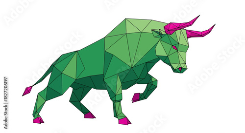 A green geometric bull with pink horns and hooves, rendered in a low-poly style on a white background.