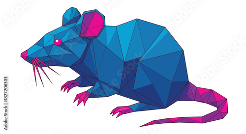 A stylized blue and pink rat created with a low-poly geometric design on a white background.