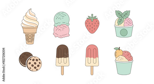 A collection of cute pastel vector illustrations featuring various ice cream treats, popsicles, and cookies.