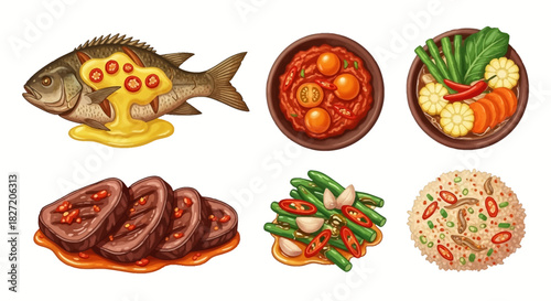 A collection of six illustrated Asian dishes including grilled fish, spicy meat, vegetables, and fried rice, isolated on a white background.