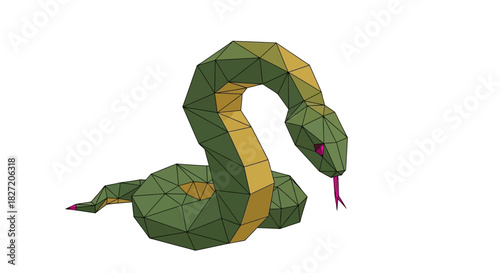 A low-poly green and yellow snake in a coiled pose with its tongue out on a white background.
