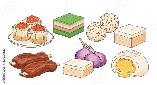 An assortment of illustrated Chinese dim sum dishes and ingredients on a white background.