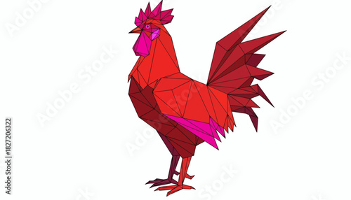 A vibrant red rooster created with a low-poly geometric design on a white background.
