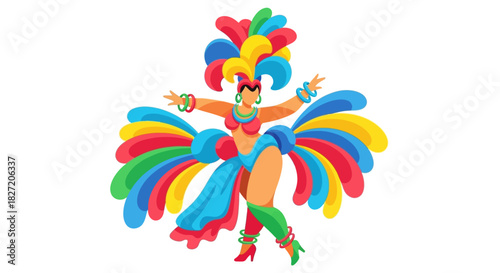 A vibrant female carnival dancer in a colorful feathered costume celebrating a festival.