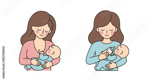 Illustration comparing two infant feeding methods: breastfeeding and bottle-feeding by a mother.