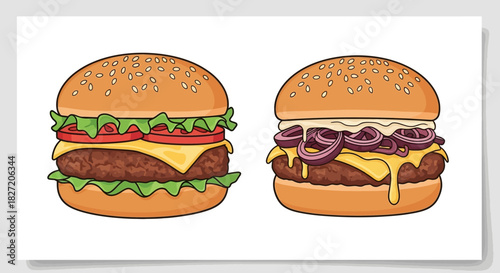 Two delicious cartoon-style hamburgers with different toppings, a classic cheeseburger and one with onions and white sauce.