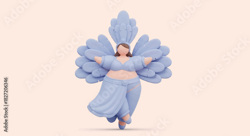 3D illustration of a graceful plus-size woman with large blue feathery wings floating on a light background.