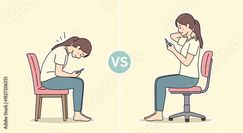 Illustration comparing correct and incorrect posture while using a smartphone to prevent neck and back pain.