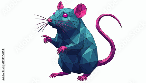 A stylized, low-poly rat in shades of blue and pink, rendered in a geometric 3D style on a white background.