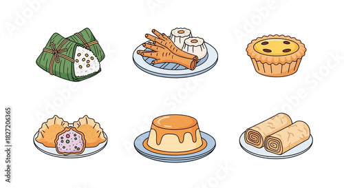 A collection of six illustrated Asian dishes, including dim sum, desserts, and dumplings, on a white background.