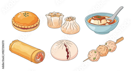 A collection of illustrated Asian and Chinese dim sum dishes, including dumplings, buns, spring rolls, and tofu pudding.