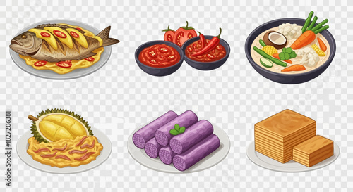 A collection of illustrated Southeast Asian dishes including grilled fish, sambal chili paste, vegetable curry, durian fritters, purple yam rolls, and layer cake.
