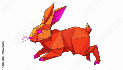 A vibrant orange and pink polygonal rabbit running on a clean white background.
