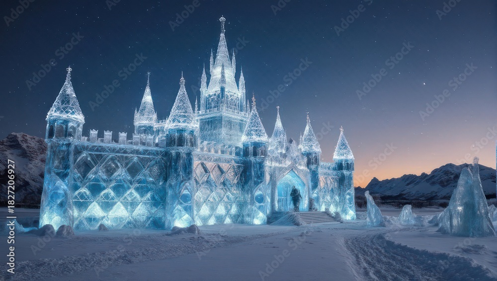 Obraz premium A majestic ice castle glistens under a starry night sky, reflecting on frozen landscape
