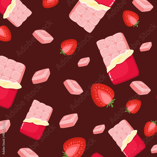 Pink chocolate bar with strawberry seamless pattern. Delicious and sweet dessert illustration. Can be used for wallpaper, paper wrapping, and fashion fabric