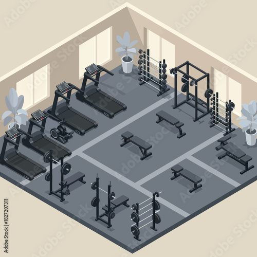 Isometric illustration of a modern fitness center with exercise machines.