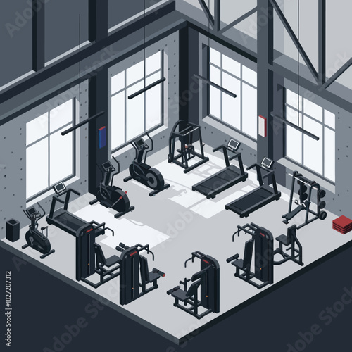 Isometric Gym Interior with Fitness Equipment and Windows.