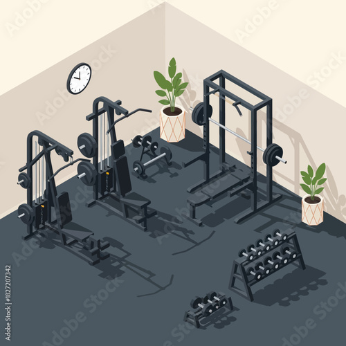 Isometric Gym Interior with Weight Machines and Dumbbells.