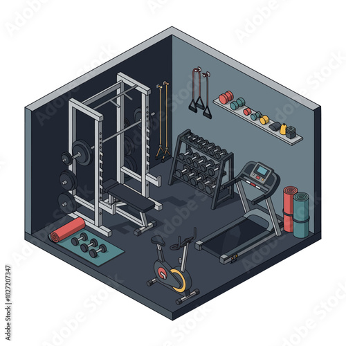 Home gym equipment isometric view with treadmill and weights.