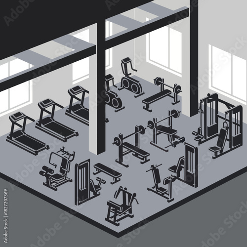 Isometric gym interior with various exercise machines and equipment for fitness.