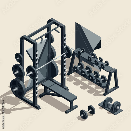 Gym equipment set with weights and bench for workout.