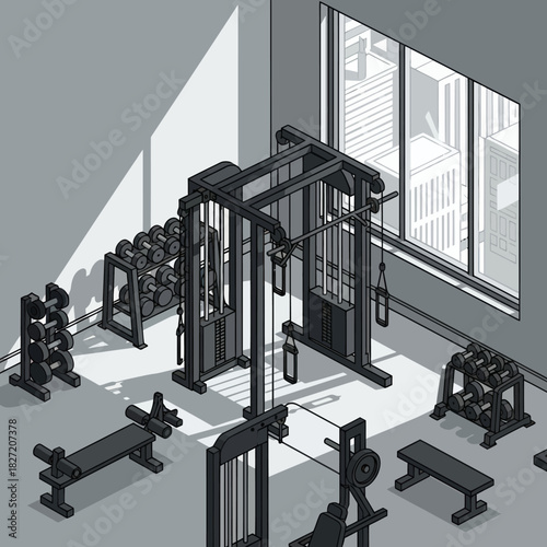 Isometric Gym Interior with Weight Machines and Dumbbells.