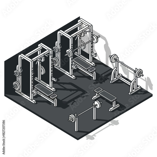 Isometric illustration of a weightlifting gym with various equipment.