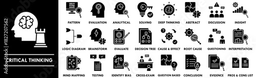 Critical Thinking glyph icon collection set. Containing design idea, thinking, education, development, creativity