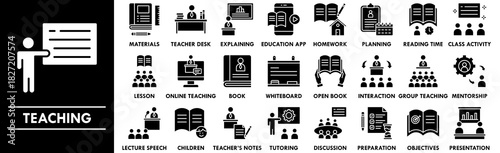 Teaching glyph icon collection set. Containing design education, school, teaching, study, knowledge