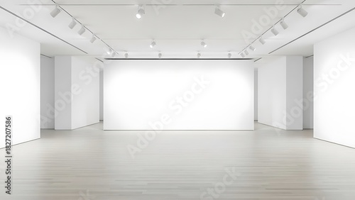 Spacious modern art gallery with white walls, wooden floor, and bright spotlights for exhibition