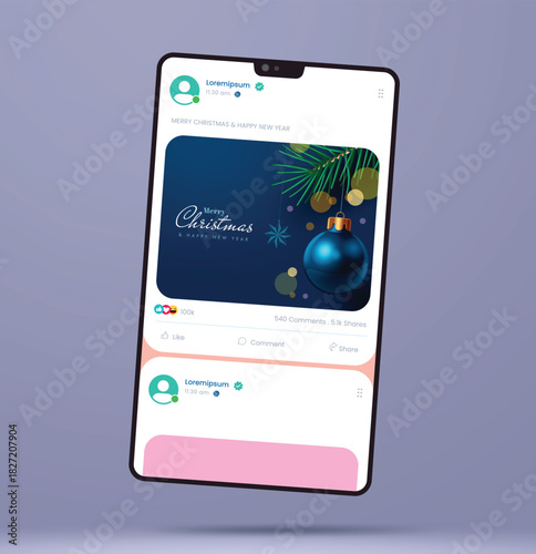 Christmas social media post template with glossy blue ornaments, pine leaves, and elegant typography on dark background. Modern holiday vector design perfect for online greetings, and banners.