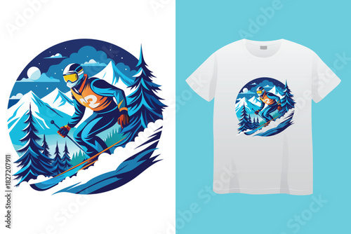 Magical winter. Cozy home. let it snow. vintage winter t shirt design, textile print, fashion design artwork. mountain adventure winter cosy sports Varsity College USA Trending Graphic Tee t-shirt