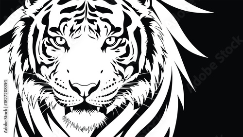 Intense, Roaring Bengal Tiger Head Black and White Vector Illustration, Detailed Graphic, Monochrome Stencil, Aggressive Feline, Wildlife Predator, Digital Flat Artwork, Power, Strength, Nature