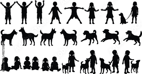 Large Set of Children and Dogs Silhouettes Vector Illustration, Kids Playing, Toddlers, Puppies, Diverse Poses, Family Pets, Childhood and Animal Friendship Graphic.