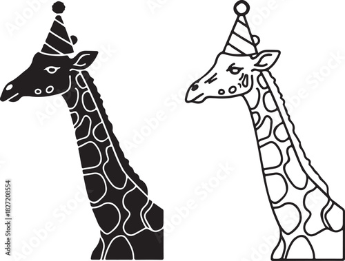 Giraffe cartoon wearing a festive striped party hat, isolated vector illustration, perfect for celebrations, birthdays, and fun designs icon. isolated on white background, Vector